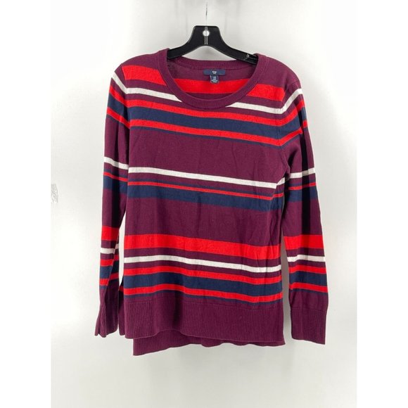 GAP Women's Knit Sweater Long Sleeve Burgundy Fall Halloween Striped Size M - Picture 2 of 7
